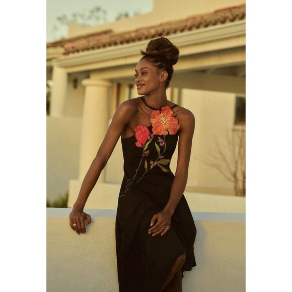 Anthropologie Midi Dress Asymmetrical Black Floral Preppy Boho Resort Sz 2P NWT